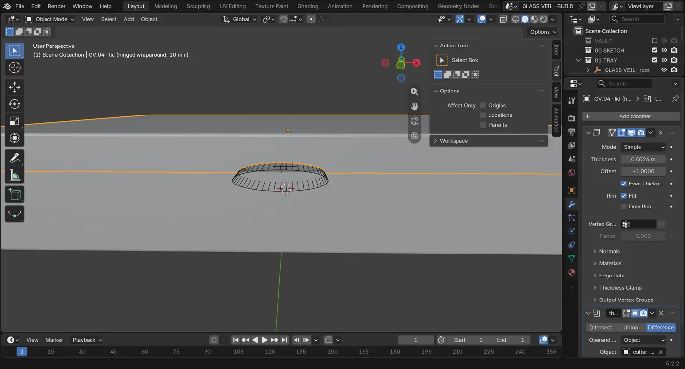 Blender viewport: a boolean cutter making the thumb notch