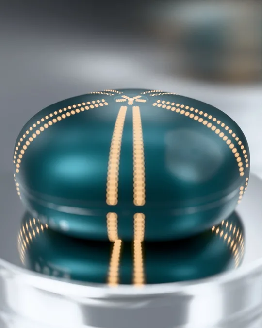Macro of PULS reflected in the mirror plinth
